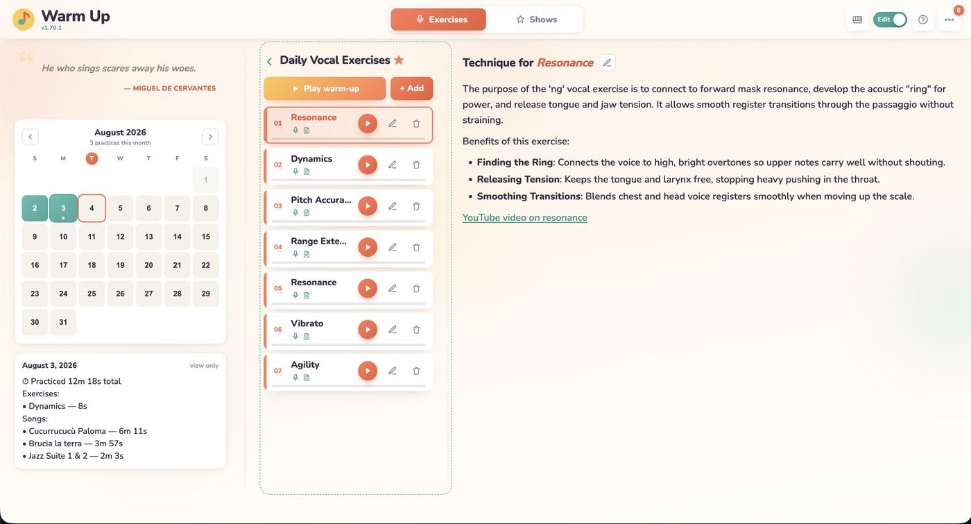 Exercises mode: daily vocal exercise list with technique notes for resonance