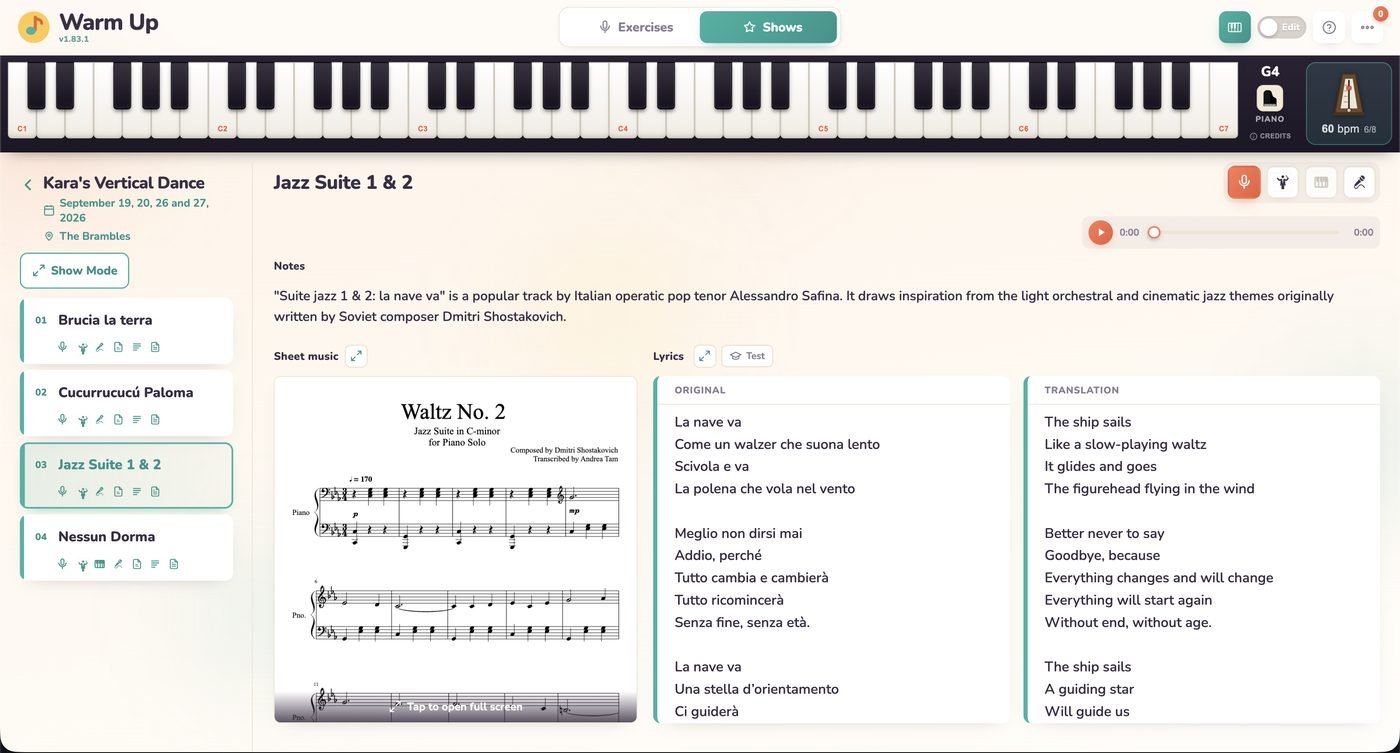 Song view with a piano keyboard and metronome across the top, and sheet music, original lyrics and translation below