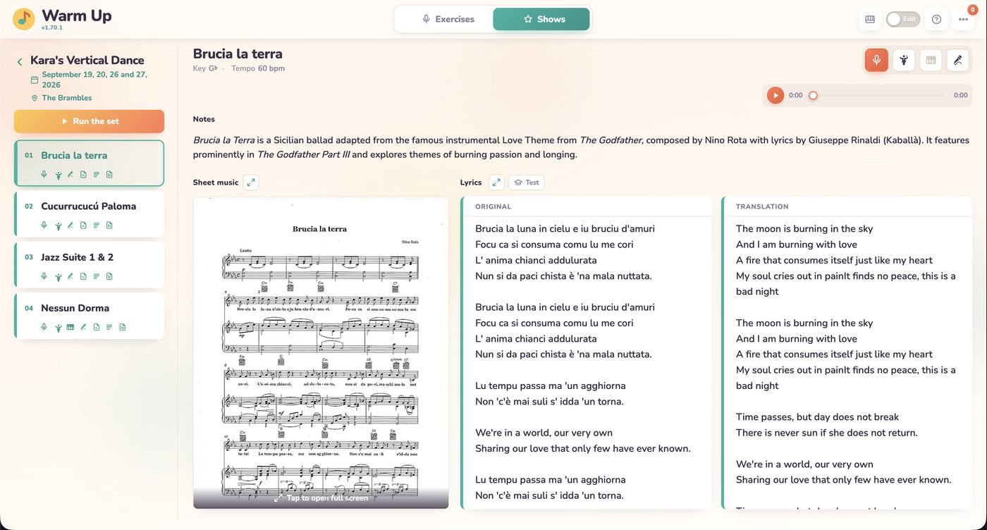 Shows mode: Brucia la terra with sheet music, original lyrics and translation