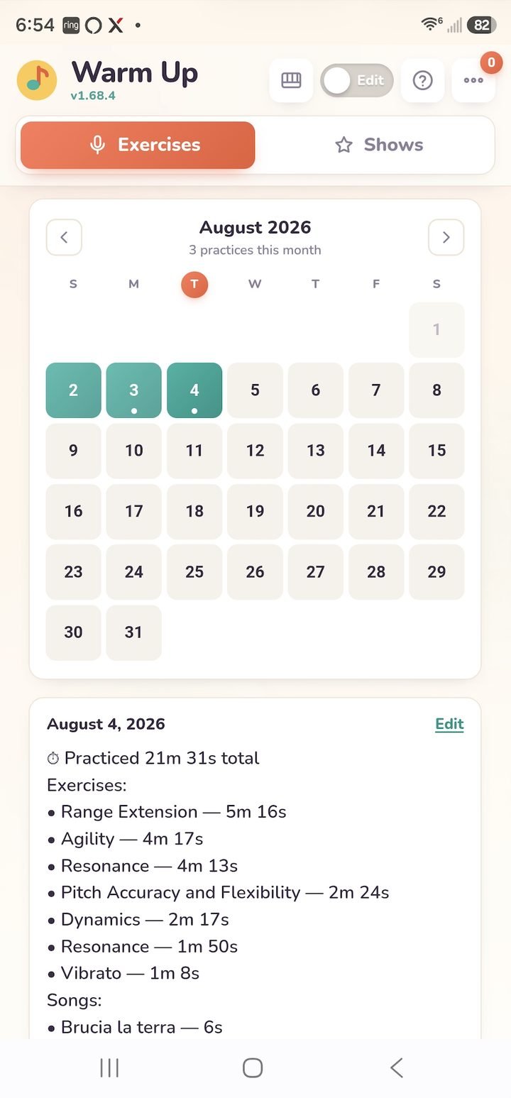Mobile calendar with practice days highlighted and a daily practice log