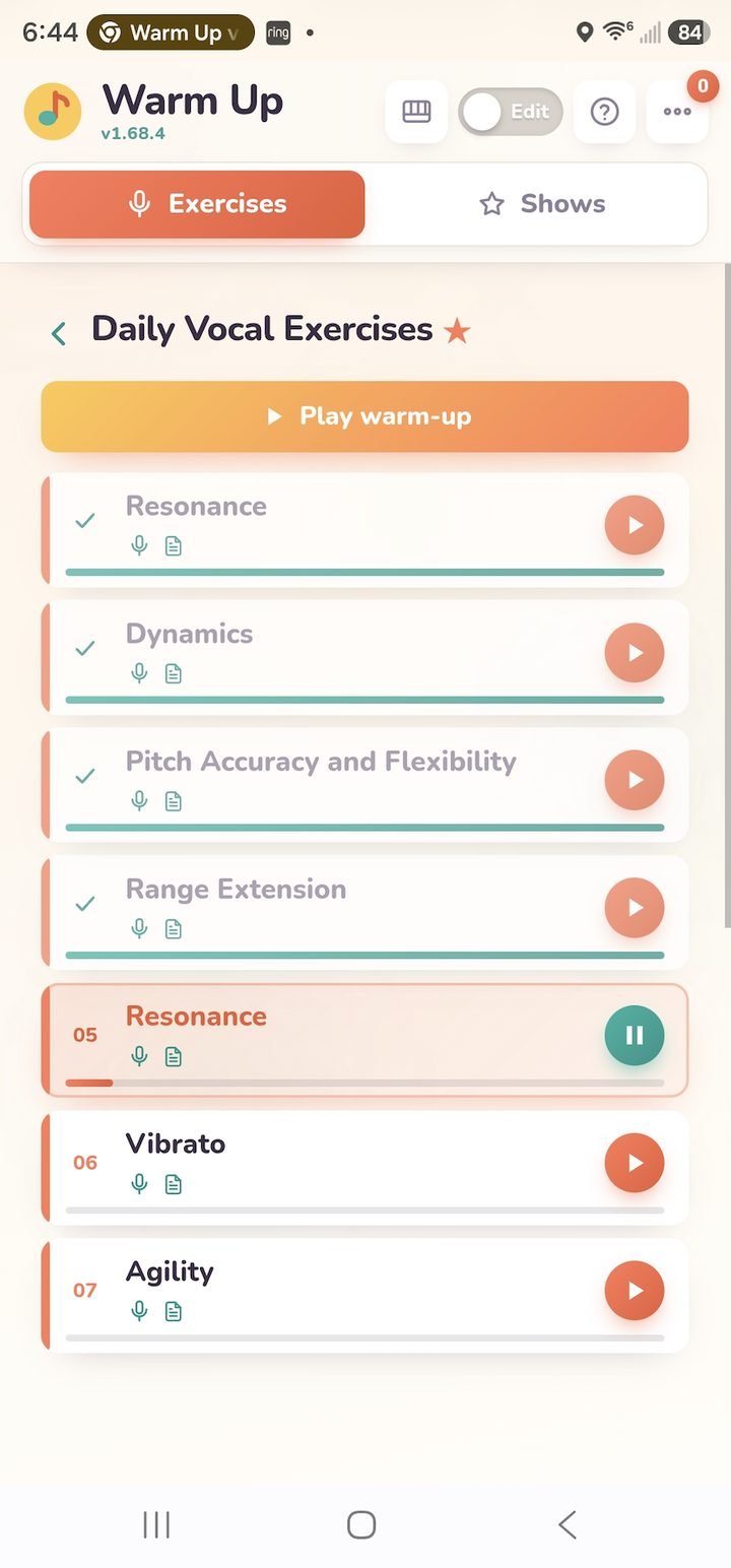 Warm Up app playing a resonance exercise on a phone