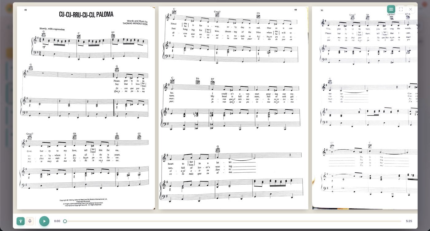 Show mode: full-screen sheet music spread across three pages for performing